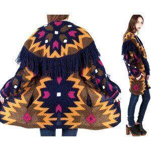 Vintage 90s Oversized Mohair Cardigan Sweater M Fringe‎ Fuzzy Southwestern